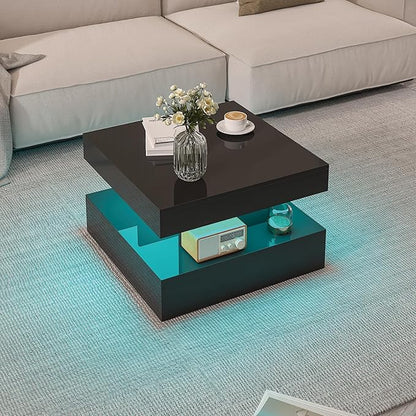 Small Black Led Coffee Table for Living Room, 23.6" Wood Square 2-Tier Storage Modern Center Table, Modern High Glossy Wooden Coffee Tables for Small Space