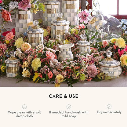 MACKENZIE-CHILDS Enamel Squashed Pot, Cute Enameled Container with Lid, 20 Ounces, Gray-and-White Sterling Check