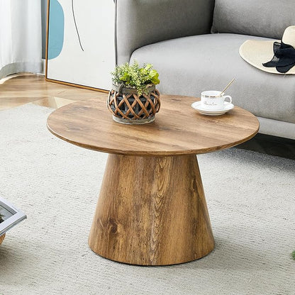 25.6" Small Round Coffee Table, Wood Mid Century Modern Coffee Tables with Pedestal Base, Space Saving Circle Center Table for Living Room, Small Space, Apartment (Wood)