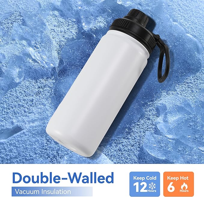 DOMICARE 16 oz Kids Water Bottle for School Stainless Steel Double Wall Vacuum Insulated Water Bottle with Straw lids & Spout Lid, Leakproof BPA Free (White,8)