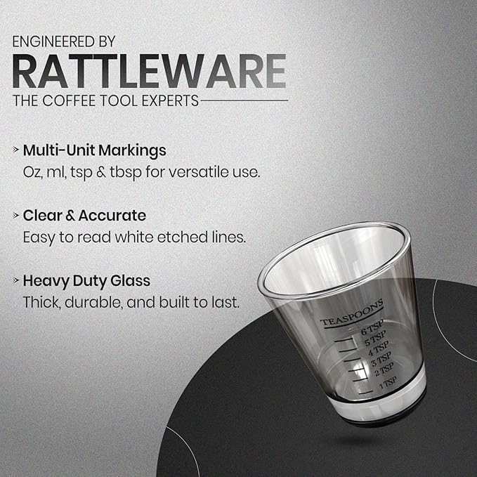 Rattleware Premium 1.5 oz Graduated Shot Glass – Heavyweight Glass with Oz, ml, tsp, tbsp Markings – Stylish & Durable for Home Bars, Coffee, Espresso Shots, Cocktails & Gatherings