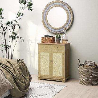 HOMCOM Sideboard with Solid Wood Countertop, Modern Kitchen Storage Cabinet, Coffee Bar Cabinet with 2 Drawers, Doors and Adjustable Shelf, Natural Rattan