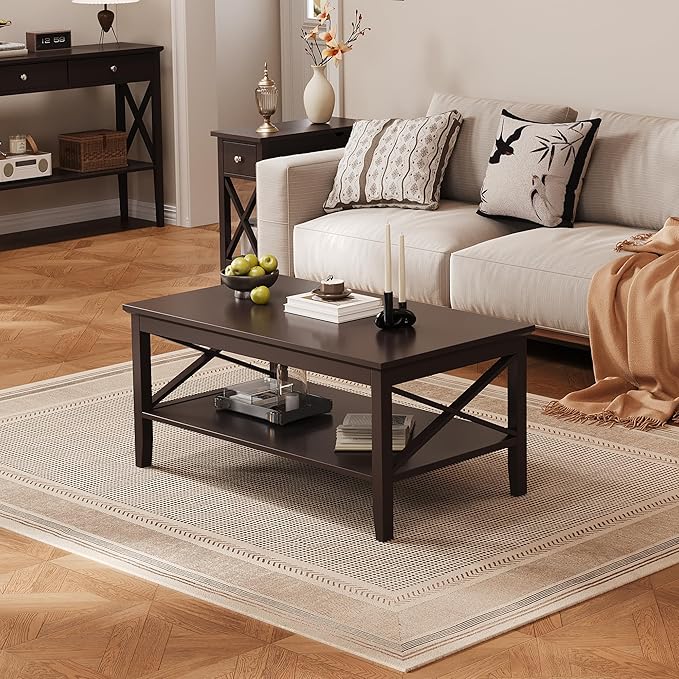 ChooChoo Oxford Coffee Table with Thicker Legs, Espresso Wood Coffee Table with Storage for Living Room 40 inches