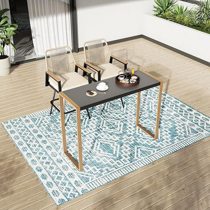 PHI VILLA Outdoor Bar Table for 2-4 Person - 55" W x 40" H Bar Height Patio Bistro Table with Stone Texture Top & Adjustable Non-Scratch Feet for Garden, Backyard, Poolside, Balcony, Patio Dining