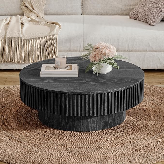 31.5 Inch Round Drum Coffee Table with Storage, Modern Handcraft Fluted Drum Coffee Table, Wooden Round Coffee Table Center Table with Sturdy Pedestal for Living Room Apartment (Black)