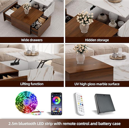 Lift Top Coffee Tables for Living Room, 43" LED Wooden Center Tables with Storage Shelf, Hidden Compartment and Drawer for Home (Walnut Grain and Marble White)