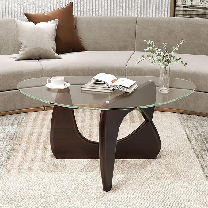 Tangkula Triangle Glass Coffee Table, Mid-Century Modern Center Table with Tempered Glass Top & Adjustable Rubber Wood Base, Small Coffee Table for Small Spaces, Living Room & Reception Room (Walnut)