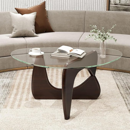 Tangkula Triangle Glass Coffee Table, Mid-Century Modern Center Table with Tempered Glass Top & Adjustable Rubber Wood Base, Small Coffee Table for Small Spaces, Living Room & Reception Room (Walnut)