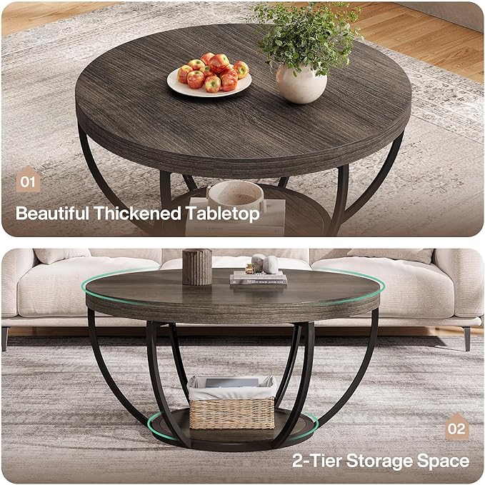 Tribesigns Round Coffee Table, 31.7" Wooden 2-Tier Circle Coffee Table with Storage Shelves, Modern Accent Cocktail Table Center Table for Living Room, Grey