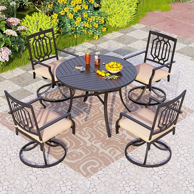 PHI VILLA Outdoor Metal Swivel Chairs Set of 4 Patio Dining Rocker Chair with Cushion Furniture Set for Garden Backyard Bistro, Black