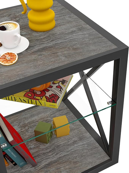 Rustic End Table for Living Room 17.7" Bedroom Nightstand, Modern Tempered Glass Shelf & Wood MDF Top Square Side Table 1 Piece, Industrial Style Grey