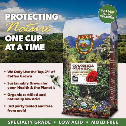 Low Acid Organic Coffee – Whole Bean, Mold-Free & Stomach Friendly by Java Planet, Colombian Single Origin, Medium Dark Roast, Smooth Full Flavored, 2x1LB Bag