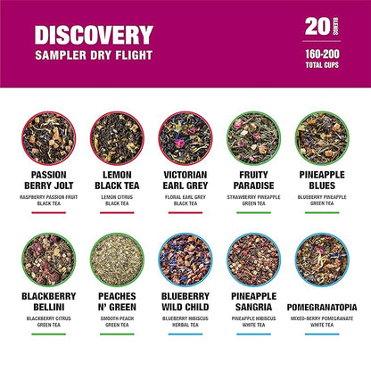 Tiesta Tea - Discovery Sampler Dry Flight Set, Loose Leaf, High to No Caffeine, Hot & Iced Up to 200 Cups, Tea Variety Pack with Green, Herbal, Black & Chai Brew, 20 Resealable Sample Pouches