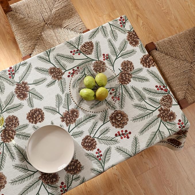 Designer Christmas Beige Linen Extra Long Tablecloth Rectangle,Pinecones Pattern Indoor Table Cloths,Washable Decor Tablecloths for Dining Thanksgiving Kitchen,67"*118"-Carol B