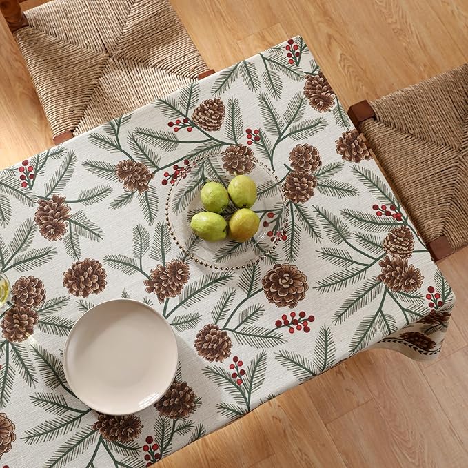 Designer Christmas Beige Linen Long Rectangle Tablecloth,Pinecones Pattern Indoor Table Cloths,Washable Decor Tablecloths for Dining Thanksgiving Kitchen Christmas,63"*94"-Carol B