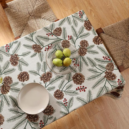 Designer Christmas Beige Linen Square Tablecloth,Pinecones Pattern Indoor Tablecloths,Wrinkle Resistant Decor Table Cloth for Dining Thanksgiving Kitchen Christmas,67"*67"-Carol B