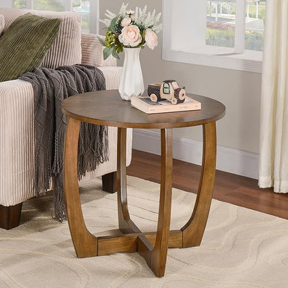 Large Round End Side Table with Cross Wood Leg, Mid Century Sofa Side Tables with soild wood, Walnut Side end Table, Telephone Tabless for Living Room, 23.6" D,Easy Assembly, Rustic Brown CJZ3223