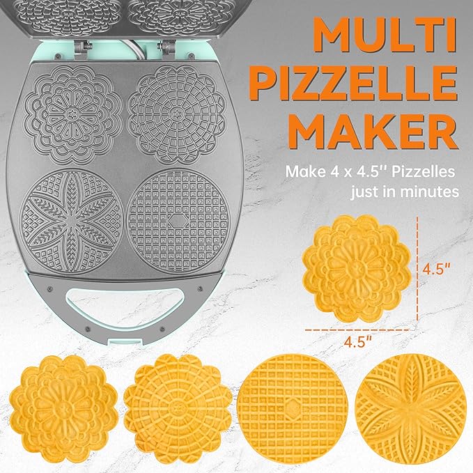 Baker's Friend Multi Pizzelle Maker Electric, Stroopwafel Iron, 4 x 4.5'' Pizzelle Waffle Cookies Maker with Temperature Control, Ideal for Holidays, Parties & More, Great Choice for Gift