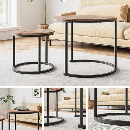 Round Coffee Table Set of 2 for Living Room,Black Small Coffee Table Living Room Table,Nesting Tables Metal Frame/Wood,Sturdy/Easy Assembly,Stacking Side Tables Bedroom,Rustic Brown