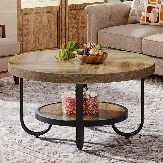 Tribesigns Round Coffee Table, 31.5" Modern Wood Circle Center Table with Storage Shelf and Metal Frame, 2-Tier Industrial Accent Cocktail Table for Living Room, Small Space, Apartment, Brown
