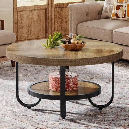 Tribesigns Round Coffee Table, 31.5" Modern Wood Circle Center Table with Storage Shelf and Metal Frame, 2-Tier Industrial Accent Cocktail Table for Living Room, Small Space, Apartment, Brown