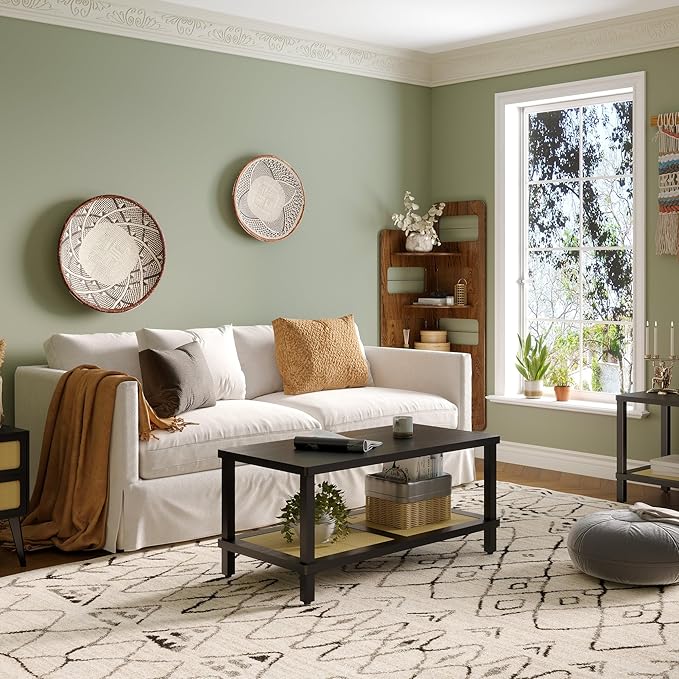 Rattan Coffee Table for Living Room,2-Tier Wooden Center Table with Hand Made Rattan Decorated,39.3 Inch Living Room Tbale with Rounded Corners,Boho Coffee Table,Easy Assembly Black LCT55BK