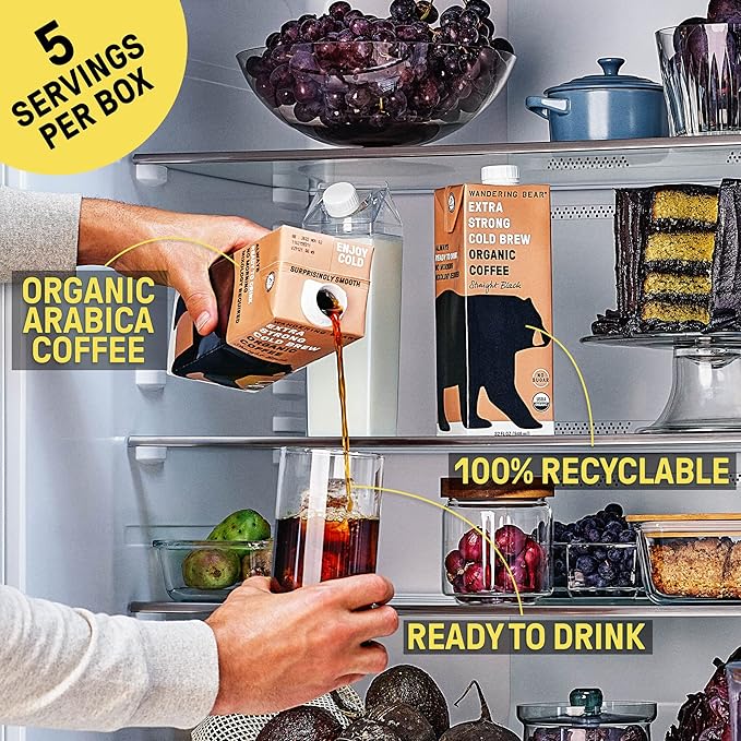 Wandering Bear Organic Caramel Cold Brew Coffee, 32 fl oz, 3 pack - Extra Strong, Smooth, Organic, Unsweetened, Shelf-Stable, and Ready to Drink Iced Coffee, Cold Brewed Coffee