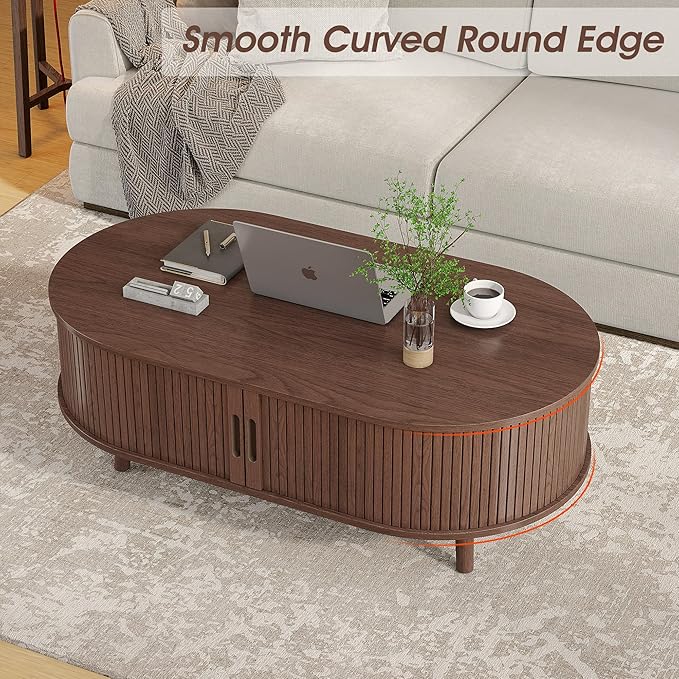 Alohappy Oval Coffee Table, Mid Century Modern Coffee Table with Sliding Tambour Door, Fluted Center Table with Hidden Storage, Curved Profile Dining Table for Living Room, Home Office,Walnut