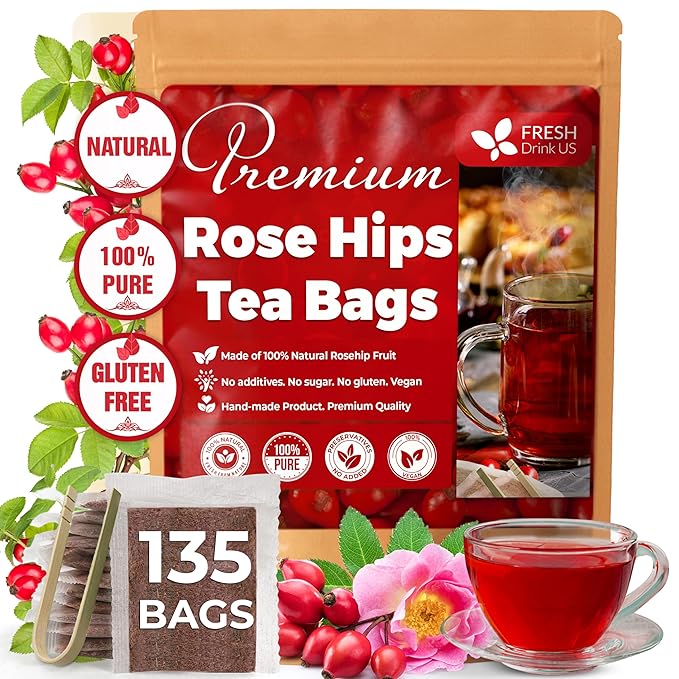 FreshDrinkUS, Premium 135 Rosehip Tea Bags, 100% Natural & Pure from Rose Hip Fruits. Loose Rosehip Herbal Tea. Made with Natural Material Tea Bags. No Sugar, No Caffeine, No Gluten, Vegan.