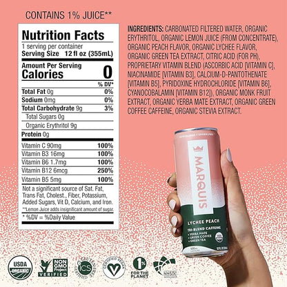 Marquis - Natural Energy Drink - Lychee Peach - Sugar Free - 0 Calories - 100mg of Organic Plant Based Caffeine - Yerba Mate - Green Tea - Vitamin C & B Vitamins - Vegan - 12 oz Cans - 12 Pack