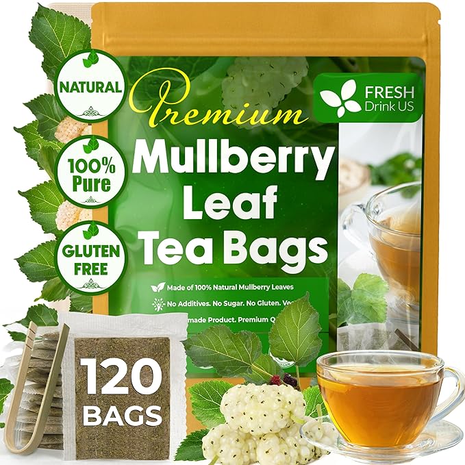 FreshDrinkUS, Premium 120 Mulberry Leaf Tea Bags, 100% Natural & Pure from Mulberry Leaves. Loose Leaf Herbal Tea. Made with Natural Material Tea Bags. No Sugar, No Caffeine, No Gluten, Vegan.