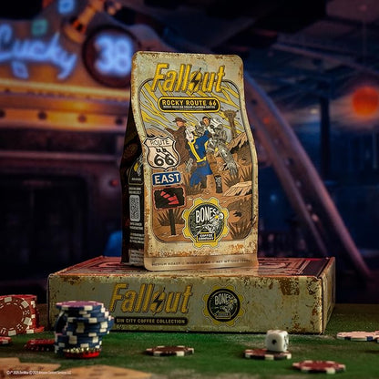 Bones Coffee Company Fallout Rocky Route 66, Rocky Road Flavored Coffee, Medium Roast Low Acid Arabica Beans Compatible with Auto drip and French Press Coffee Maker, 12 Oz Whole Bean