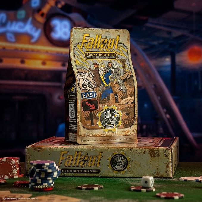 Bones Coffee Company Fallout Rocky Route 66, Rocky Road Flavored Coffee, Medium Roast Low Acid Arabica Beans Compatible with Auto drip and French Press Coffee Maker, 12 Oz Ground