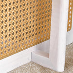 Load image into Gallery viewer, Mid Century Modern Wood Coffee Table with PE Rattan Stand, 47 Inch White Rectangular Solid Wood Boho Coffe Table, Unique Center Cocktail Table for Livinig Room Apartment Office