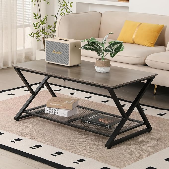 SENIG Coffee Table with Storage Shelf, Industrial Metal Wood Living Room Tables, Rectangle Center Table 39 Inch, Vintage Simple 2 Tier Cocktail Table, Grey