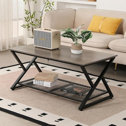SENIG Coffee Table with Storage Shelf, Industrial Metal Wood Living Room Tables, Rectangle Center Table 39 Inch, Vintage Simple 2 Tier Cocktail Table, Grey