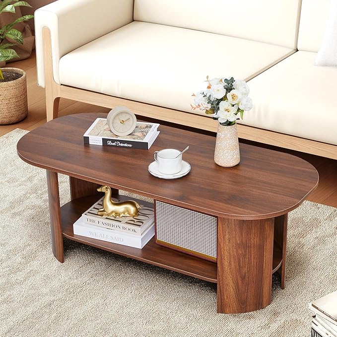 43.3” Oval Coffee Tables for Living Room, Wood Farmhouse Coffee Table with Storage, 2-Tier Center Table with Storage Shelf Low Tea Table for Small Space, Home, Office (Walnut)