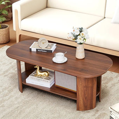 43.3” Oval Coffee Tables for Living Room, Wood Farmhouse Coffee Table with Storage, 2-Tier Center Table with Storage Shelf Low Tea Table for Small Space, Home, Office (Walnut)