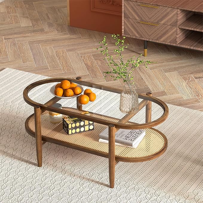Moccha Boho Coffee Table, 2-Tier Center Table with Tempered Glass Tabletop & PE Rattan Storage Shelf, Mid Century Modern Tea Table with Wood Frame, 40" L Oval Accent Table for Living Room, Office