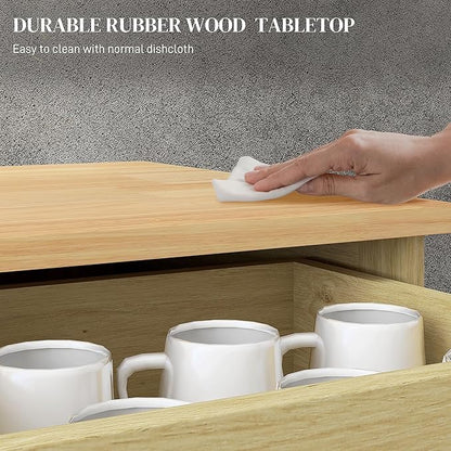 HOMCOM Sideboard with Solid Wood Countertop, Modern Kitchen Storage Cabinet, Coffee Bar Cabinet with 2 Drawers, Doors and Adjustable Shelf, Natural Rattan