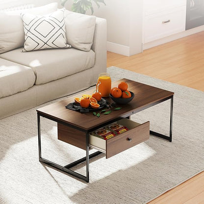 Manora Minimalist Coffee Table with Drawer, Modern Industrial Aesthetic Center Table for Living Room, Stylish Wood Modern Coffee Table with Storage, Walnut