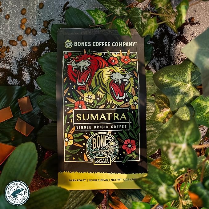 Bones Coffee Company Sumatra Single-Origin, Dark Chocolate, Smoky Earthy Notes, Whole Coffee Beans, Low Acid Darl Roast Arabica Beans Flavored Coffee, 12 oz Whole Bean