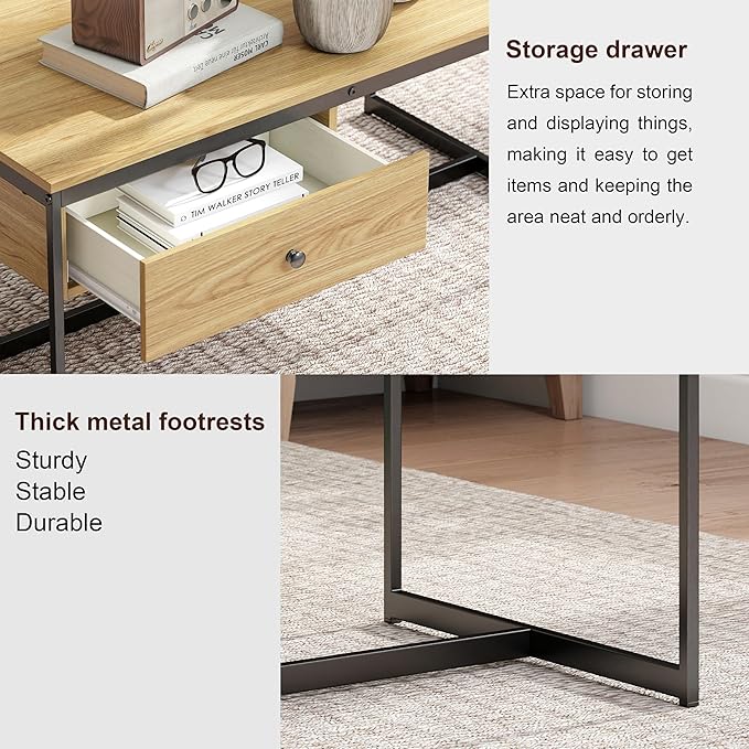 Manora Minimalist Coffee Table with Drawer, Modern Industrial Aesthetic Center Table for Living Room, Stylish Wood Modern Coffee Table with Storage, Light Brown