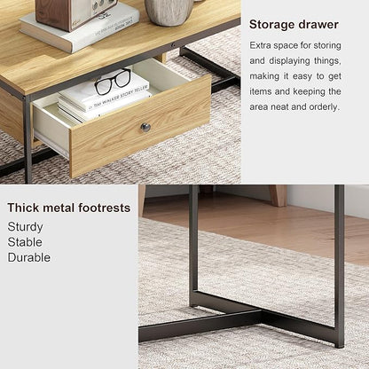 Manora Minimalist Coffee Table with Drawer, Modern Industrial Aesthetic Center Table for Living Room, Stylish Wood Modern Coffee Table with Storage, Light Brown