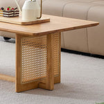 Load image into Gallery viewer, Mid Century Modern Wood Coffee Table with PE Rattan Stand, 47 Inch Rectangular Solid Wood Boho Coffe Table, Unique Center Cocktail Table for Livinig Room Apartment Office