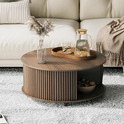Round Coffee Table with Storage, Mid Century Modern Center Table with Sliding Cabinet Door, Fluted Dining Table for Living Room, Home Small Space, 31.5", Walnut