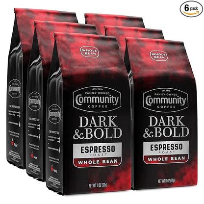 Community Coffee Dark & Bold Espresso Blend, Dark Roast Whole Bean Coffee, 11 Ounce Bag (Pack of 6)