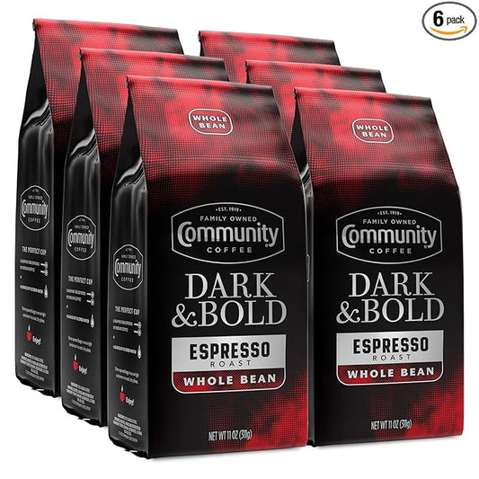 Community Coffee Dark & Bold Espresso Blend, Dark Roast Whole Bean Coffee, 11 Ounce Bag (Pack of 6)