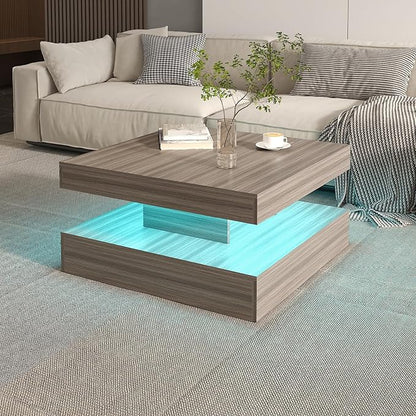 LED Coffee Table for Living Room, Living Room Table 2-Tier Square Middle Center Table, Modern Coffee Tables with Storage, Contemporary Wood Tea Tables for Dining Reception, Grey Wood