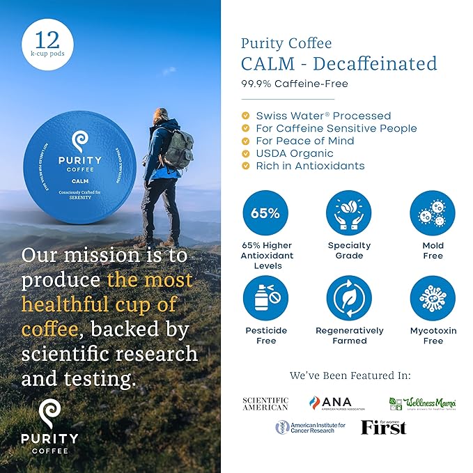 Purity Coffee CALM Decaf Medium Roast Organic Coffee - USDA Certified Organic Specialty Grade Arabica Single-Serve Coffee Pods - Third Party Tested for Mold, Mycotoxins & Pesticides - 12 ct Box
